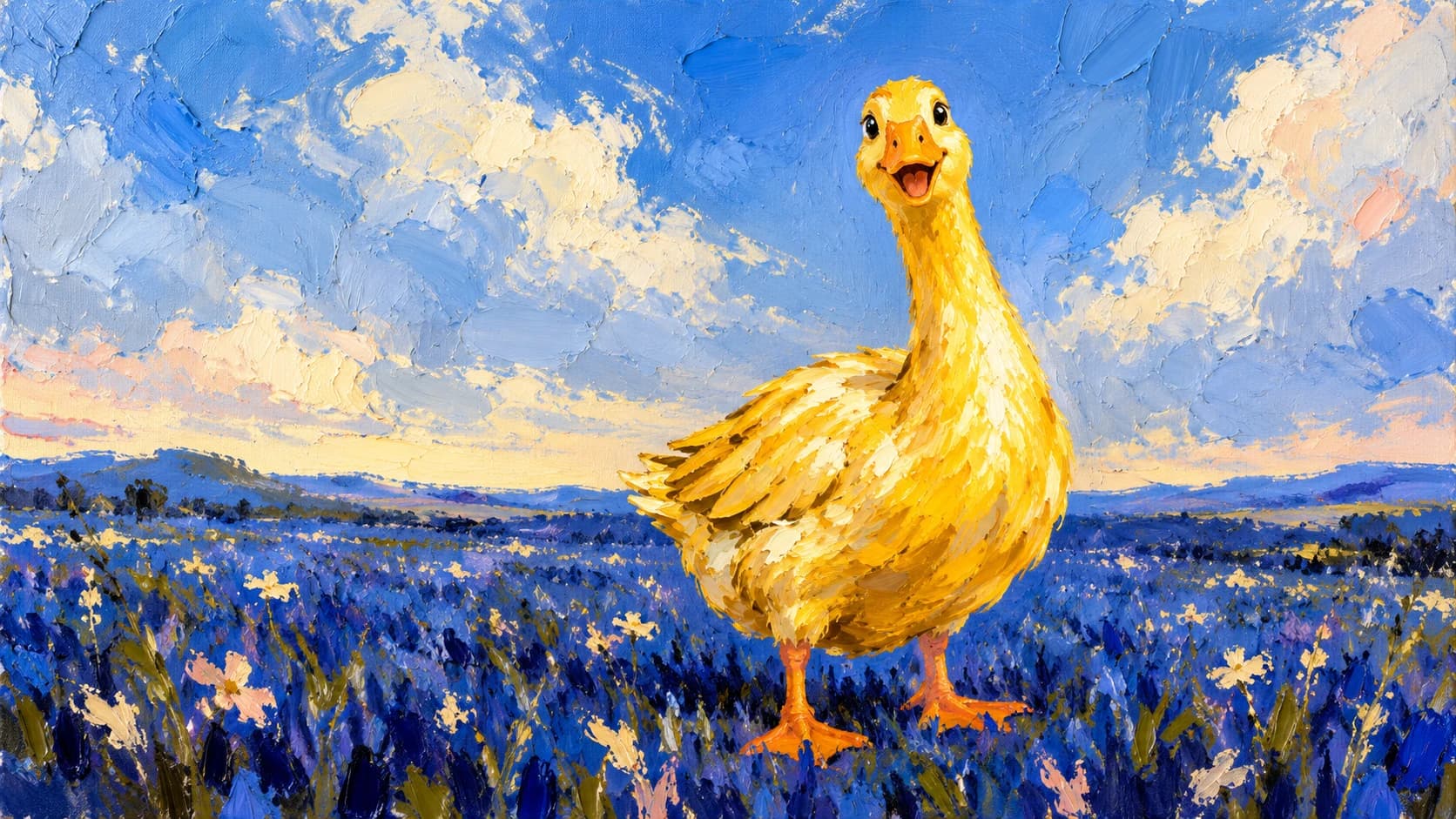 Oil painting: the Golden Goose standing proud in a field of blue flowers.